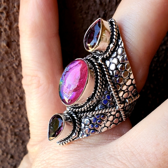 New Triplet Opal & Amethyst 925 Silver Statement Ring. - Picture 10 of 16